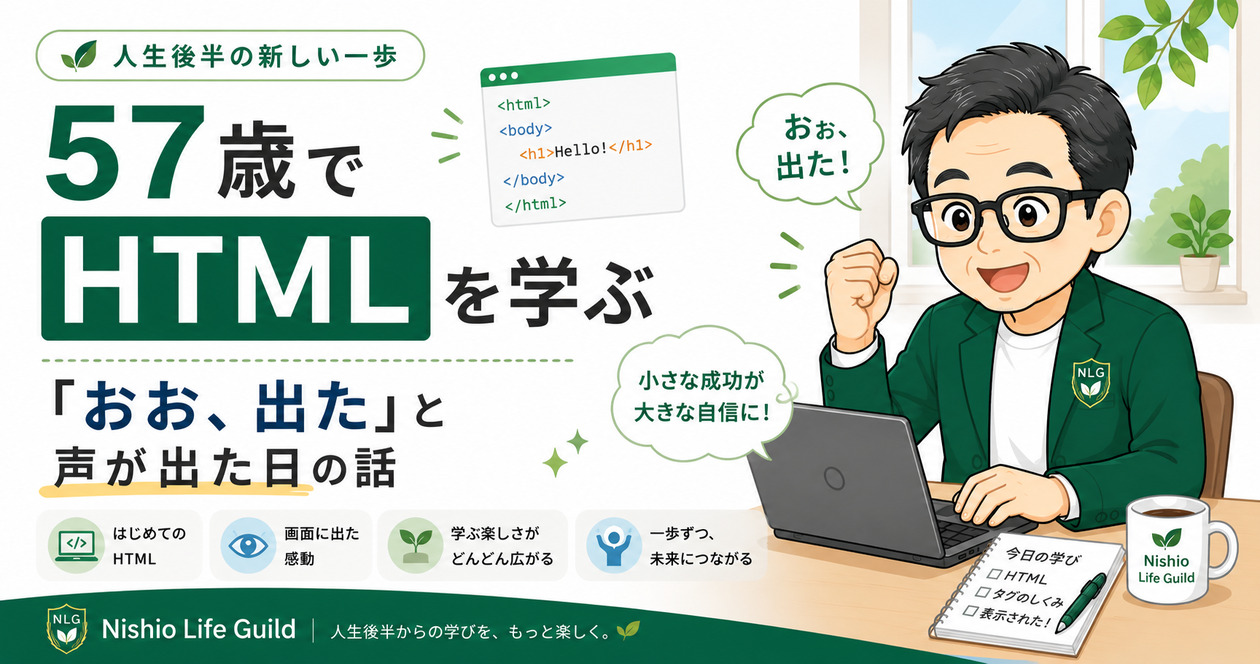 57歳で初めてHTMLを学び、ブラウザに「Hello!」が表示されて喜んだ体験を紹介するアイキャッチ画像