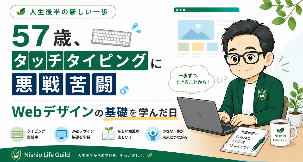 57歳で職業訓練校に通い、タッチタイピングに苦戦しながらWebデザインの基礎を学んだ様子を紹介するアイキャッチ画像