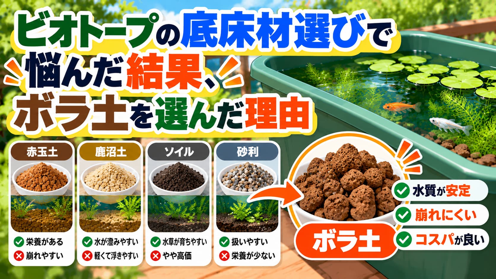 ビオトープの底床材選びで悩んだ結果、ボラ土を選んだ理由のアイキャッチ画像