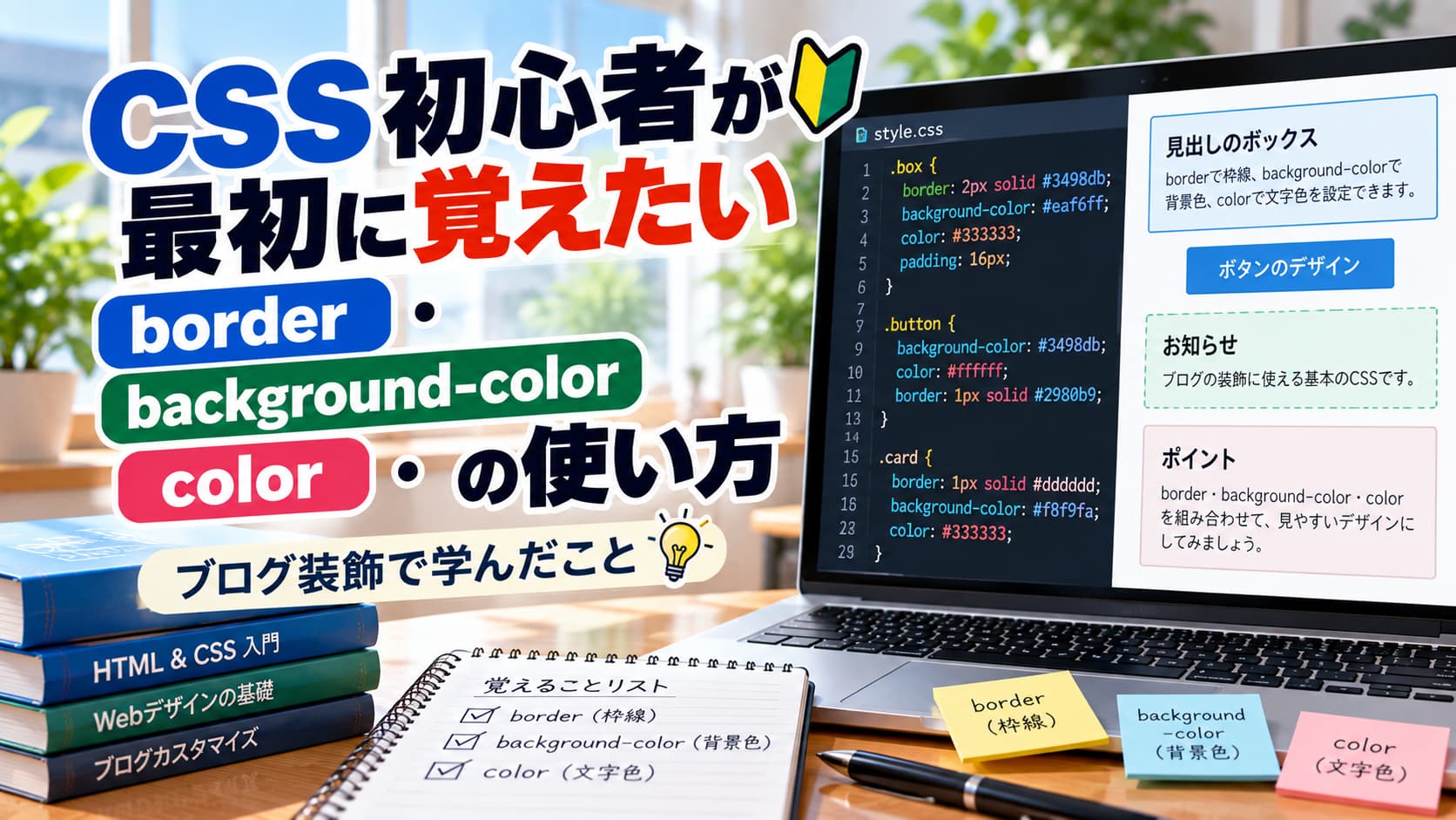 CSS初心者が最初に覚えたいborder・background-color・colorの使い方｜ブログ装飾で学んだことのアイキャッチ画像