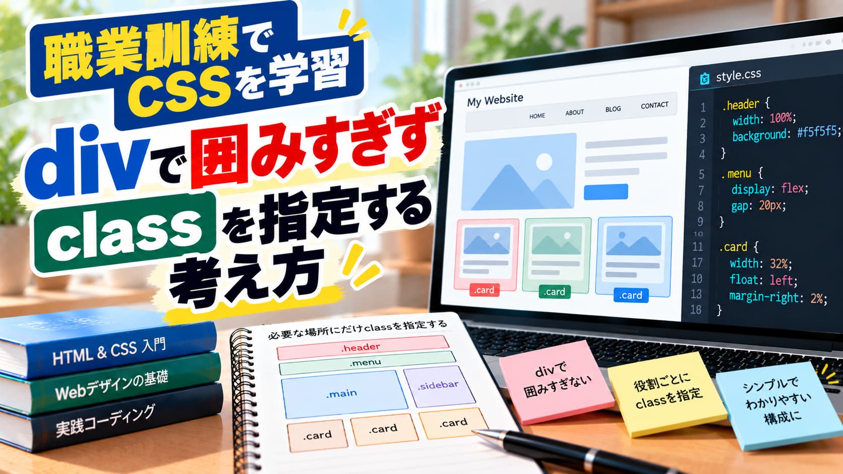 職業訓練でCSSを学習｜divで囲みすぎずclassを指定する考え方のアイキャッチ画像