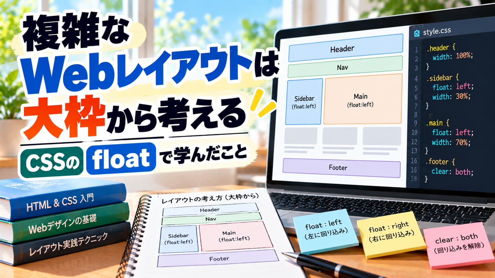 複雑なWebレイアウトは大枠から考える｜CSSのfloatで学んだことのアイキャッチ画像