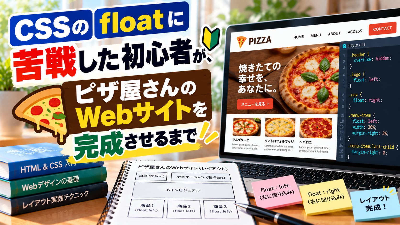 CSSのfloatに苦戦した初心者が、ピザ屋さんのWebサイトを完成させるまでのアイキャッチ画像