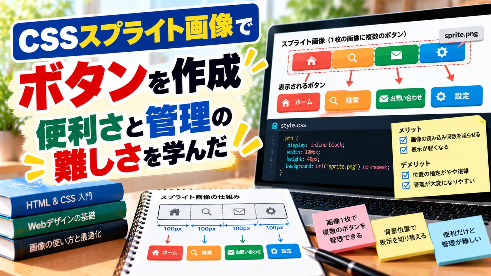 CSSスプライト画像でボタンを作成｜便利さと管理の難しさを学んだのアイキャッチ画像