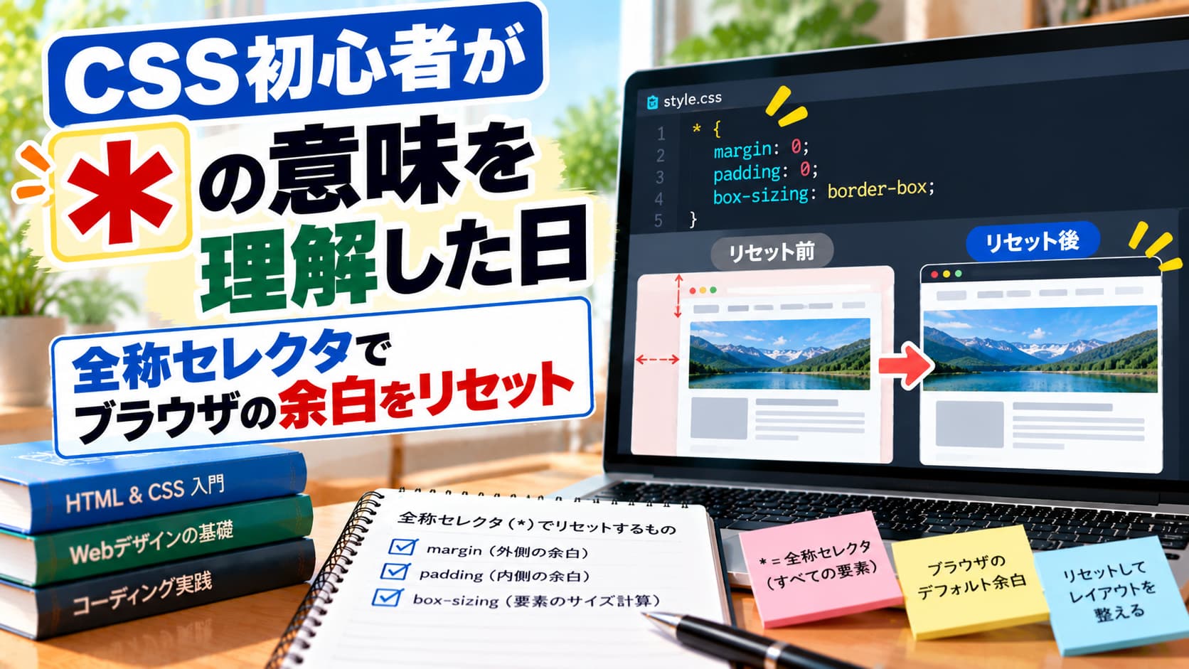 CSS初心者が「*」の意味を理解した日｜全称セレクタでブラウザの余白をリセットのアイキャッチ画像