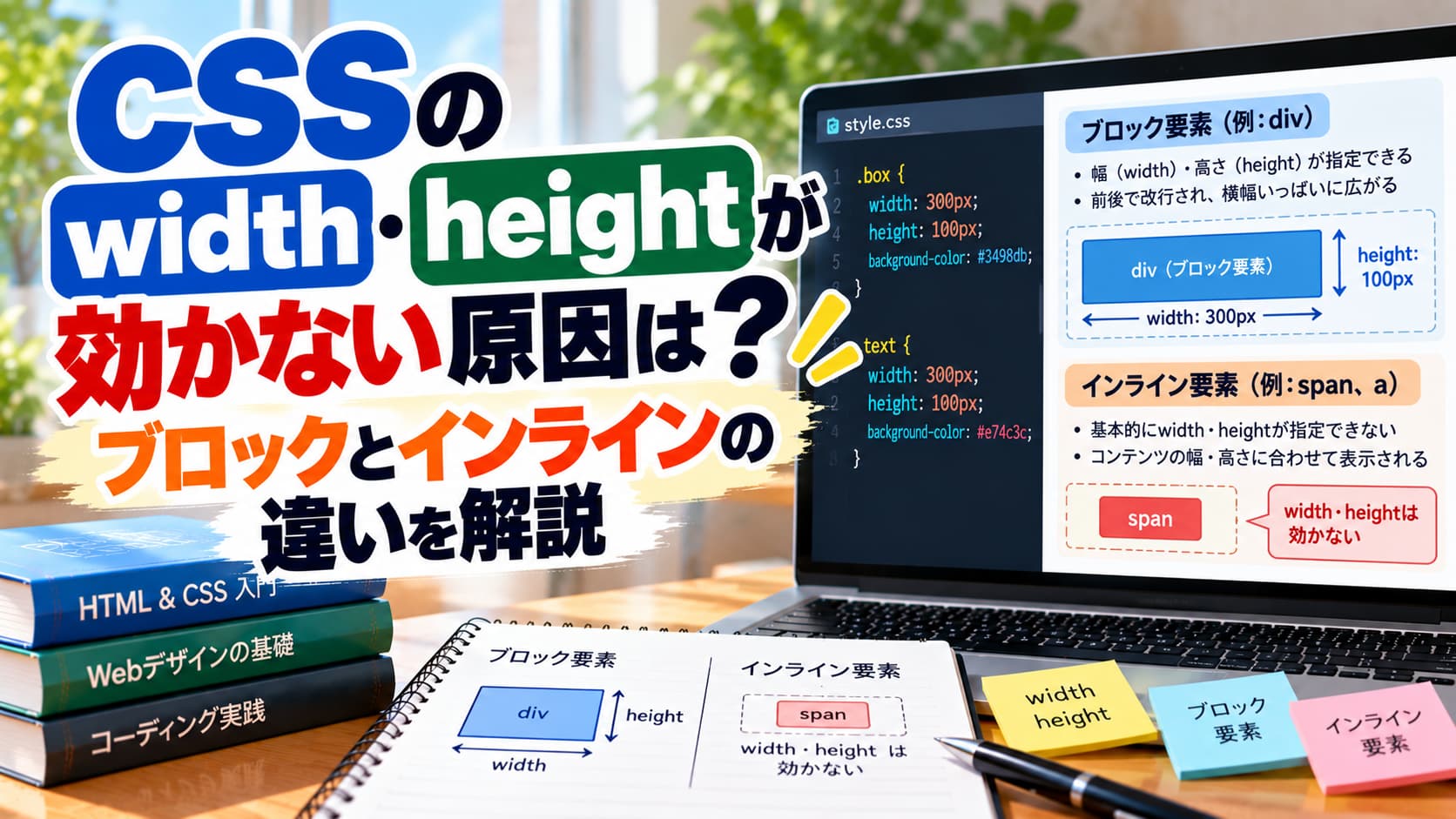 CSSのwidth・heightが効かない原因は？ブロックとインラインの違いを解説のアイキャッチ画像