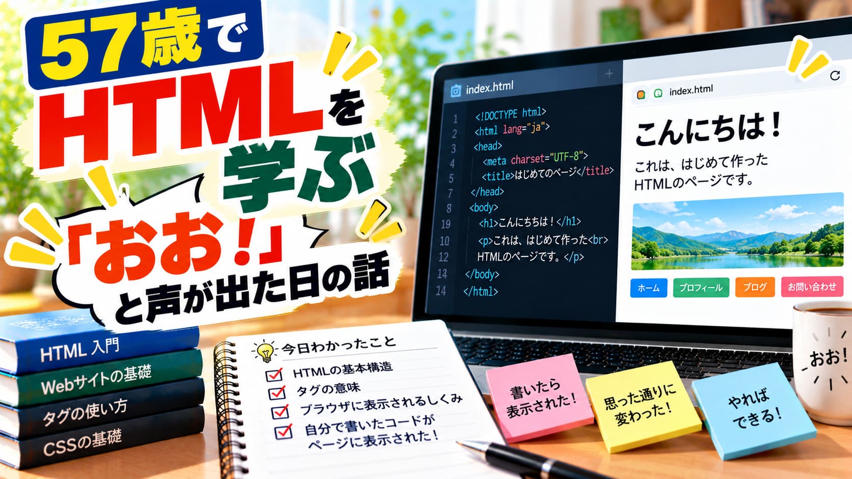 57歳でHTMLを学ぶ|「おお!」と声が出た日の話のアイキャッチ画像