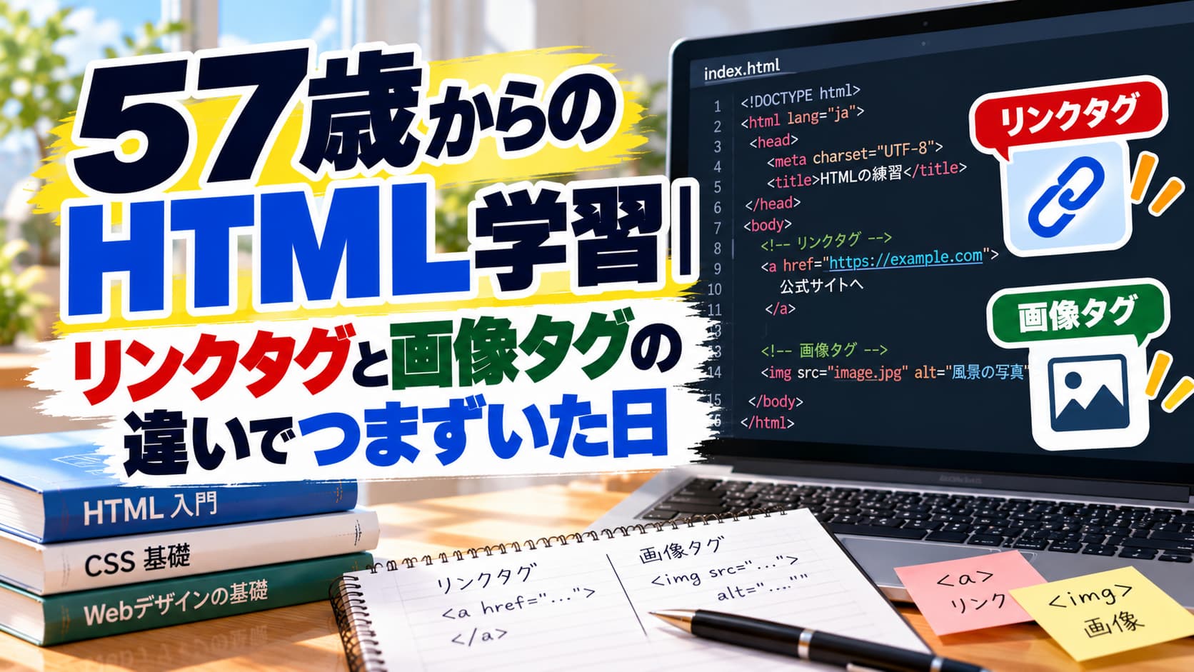 57歳からのHTML学習｜リンクタグと画像タグの違いでつまずいた日のアイキャッチ画像