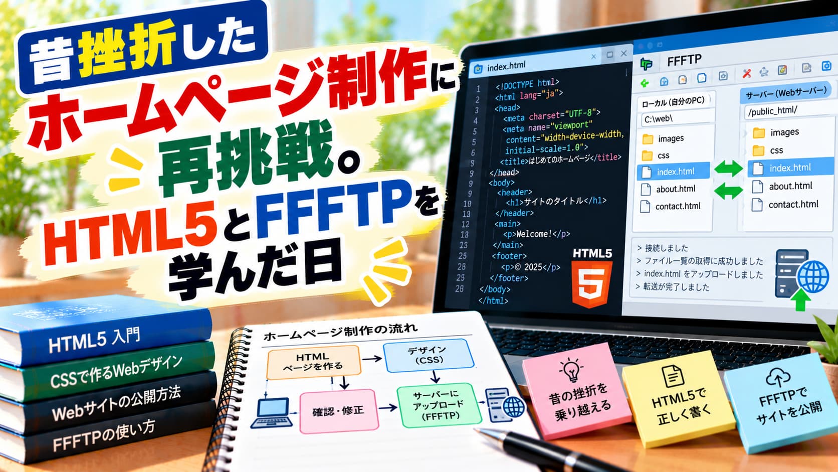 昔挫折したホームページ制作に再挑戦。HTML5とFFFTPを学んだ日のアイキャッチ画像