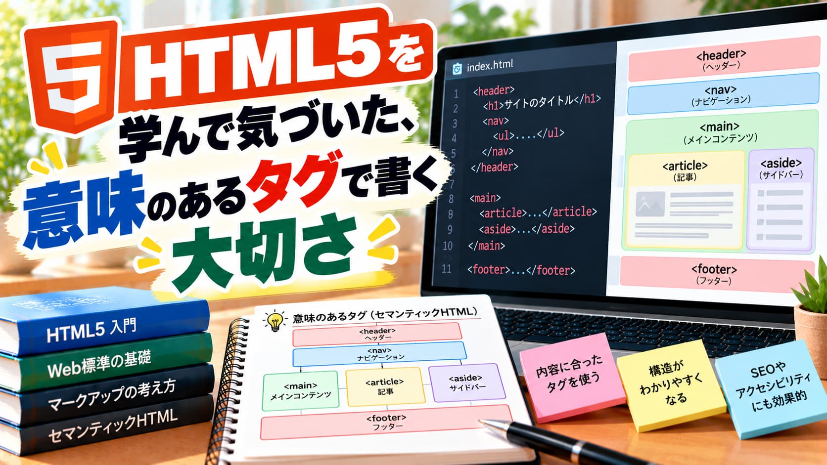 HTML5を学んで気づいた、意味のあるタグで書く大切さのアイキャッチ画像