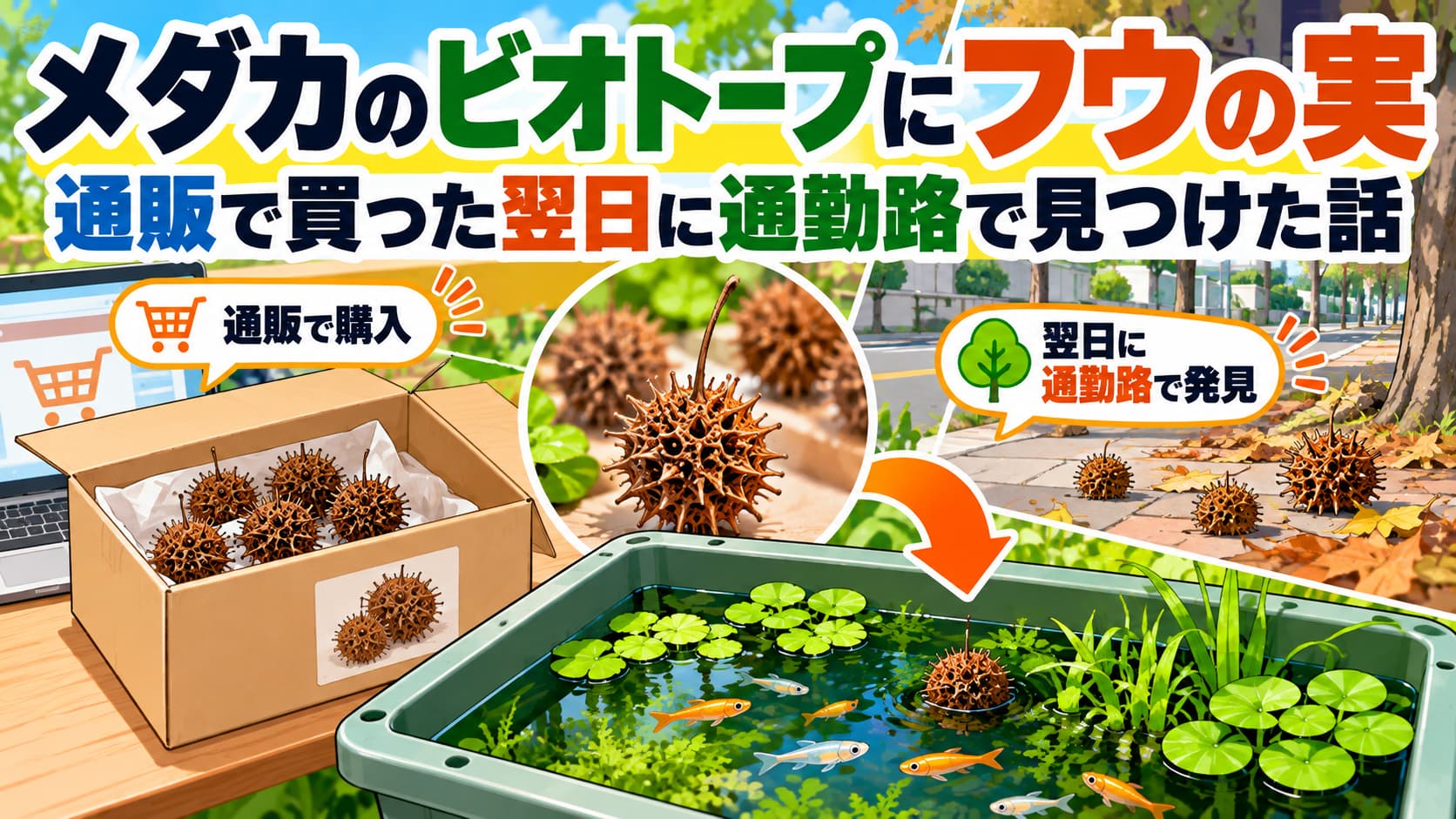 メダカのビオトープにフウの実｜通販で買った翌日に通勤路で見つけた話のアイキャッチ画像