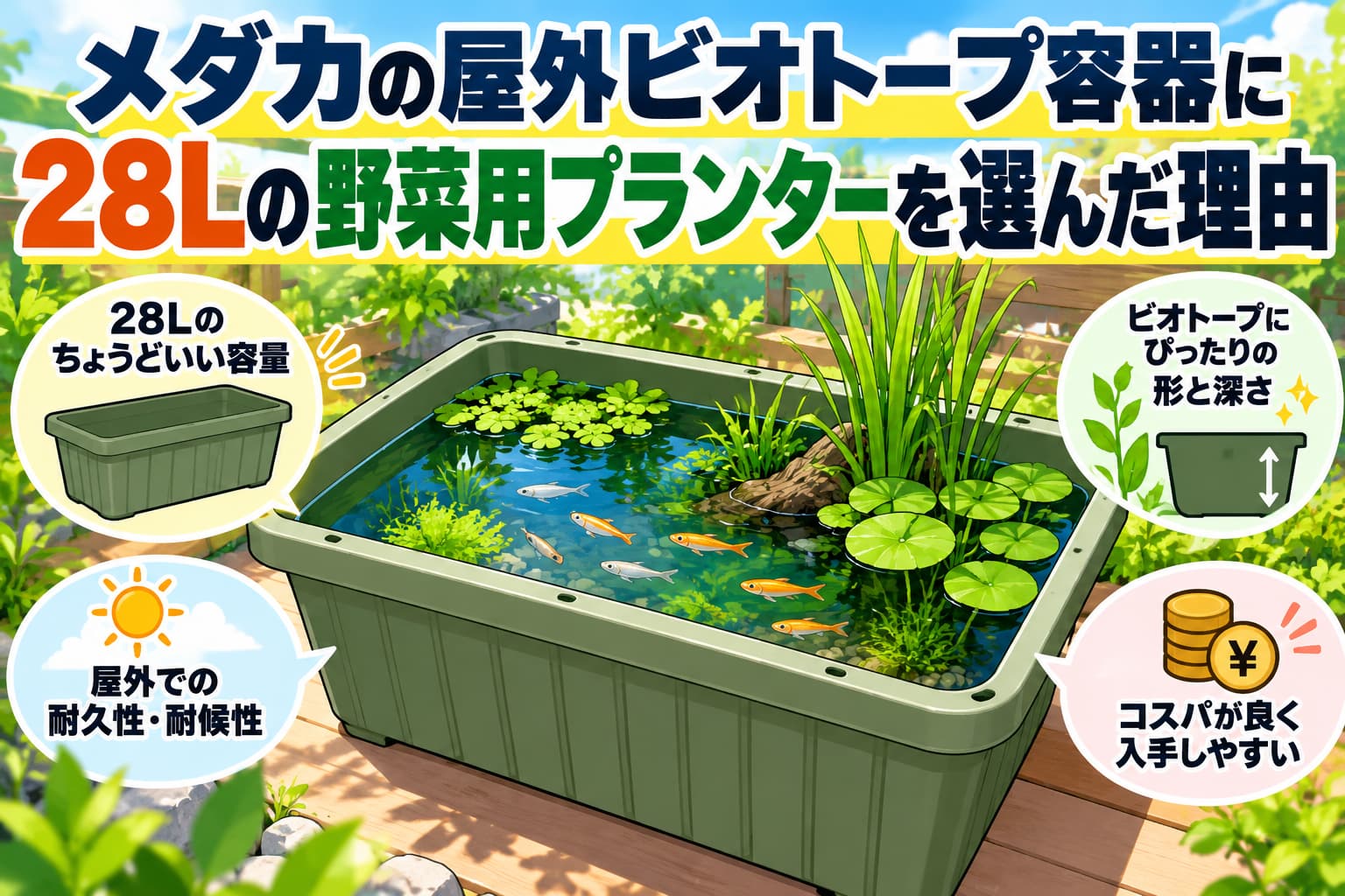 メダカの屋外ビオトープ容器に28Lの野菜用プランターを選んだ理由のアイキャッチ画像