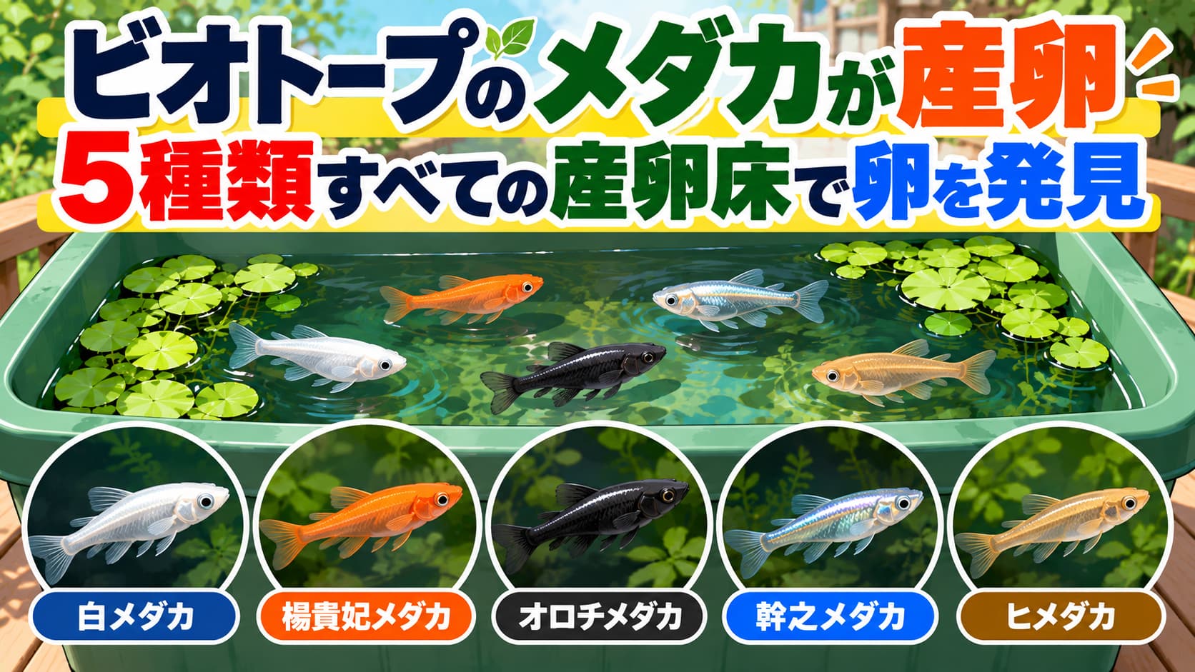 ビオトープのメダカが産卵｜5種類すべての産卵床で卵を発見のアイキャッチ画像