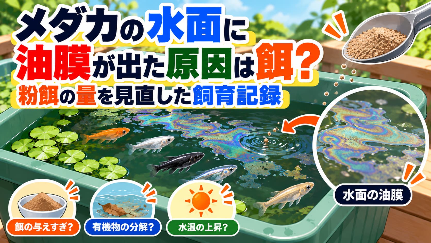 メダカの水面に油膜が出た原因は餌？粉餌の量を見直した飼育記録のアイキャッチ画像