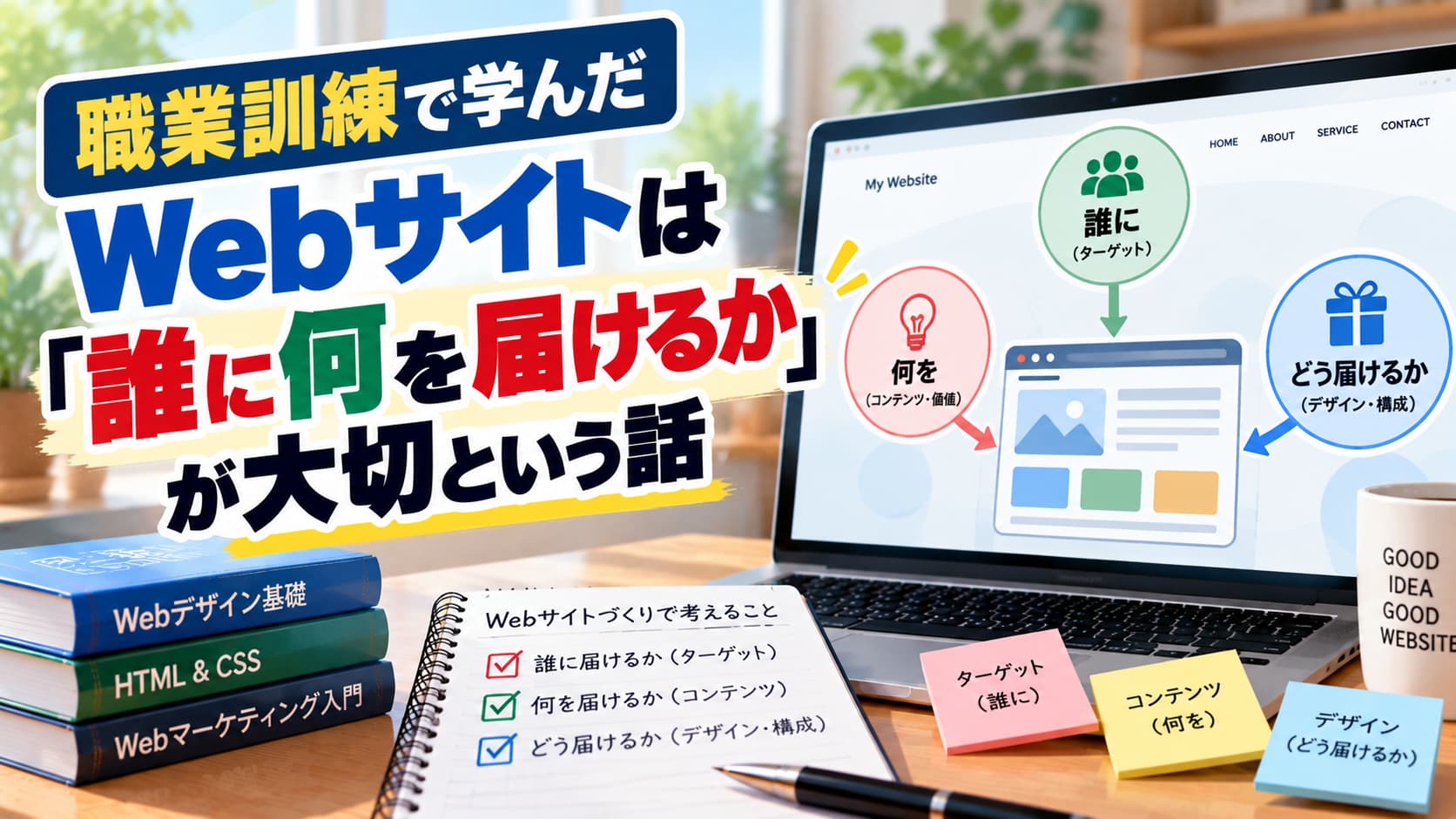 職業訓練で学んだ、Webサイトは「誰に何を届けるか」が大切という話のアイキャッチ画像